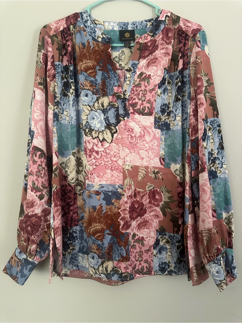 JM Collection Floral Patchwork Long-Sleeve Blouse in Pink, Blue & Brown
